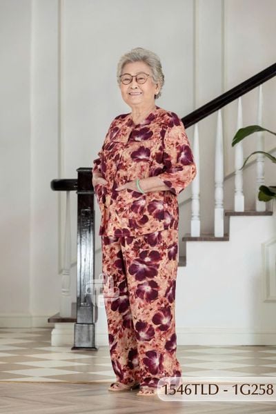 1546TLD(1G3) - Đồ bộ bông cho bà mặc nhà Thành Duyên, cổ tròn, tay lỡ, quần dài