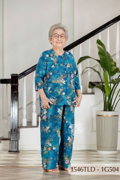 1546TLD(1G3) - Đồ bộ bông cho bà mặc nhà Thành Duyên, cổ tròn, tay lỡ, quần dài
