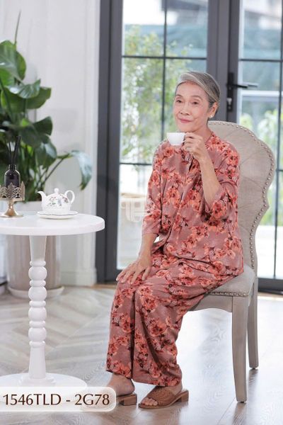 1546TLD(1G3) - Đồ bộ bông cho bà mặc nhà Thành Duyên, cổ tròn, tay lỡ, quần dài