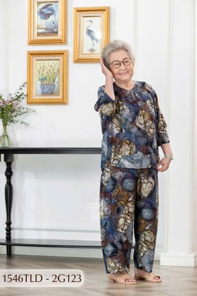 1546TLD(1G3) - Đồ bộ bông cho bà mặc nhà Thành Duyên, cổ tròn, tay lỡ, quần dài