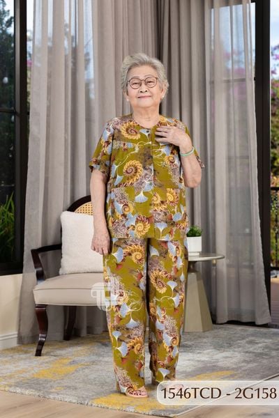 1546TCD(j) Đồ bộ bông cho bà mặc nhà Thành Duyên cổ tròn, tay ngắn, quần dài