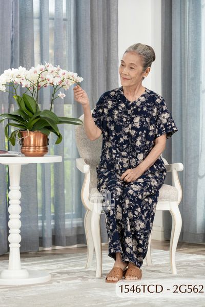 1546TCD(j) Đồ bộ bông cho bà mặc nhà Thành Duyên cổ tròn, tay ngắn, quần dài