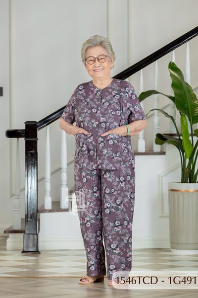 1546TCD(j) Đồ bộ bông cho bà mặc nhà Thành Duyên cổ tròn, tay ngắn, quần dài