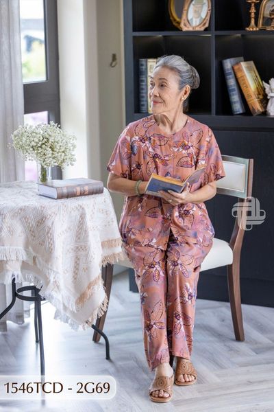 1546TCD(j) Đồ bộ bông cho bà mặc nhà Thành Duyên cổ tròn, tay ngắn, quần dài