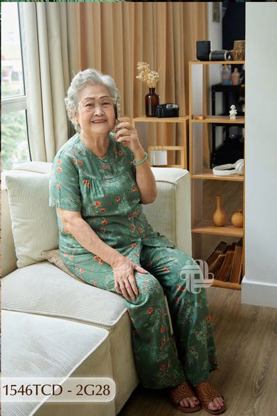 1546TCD(j) Đồ bộ bông cho bà mặc nhà Thành Duyên cổ tròn, tay ngắn, quần dài