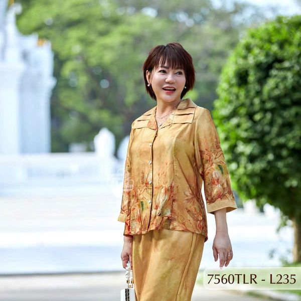 7560TLR- Đồ bộ Lụa nữ trung niên mặc nhà Thành Duyên tay lỡ cỏ xếp ly, quần dài
