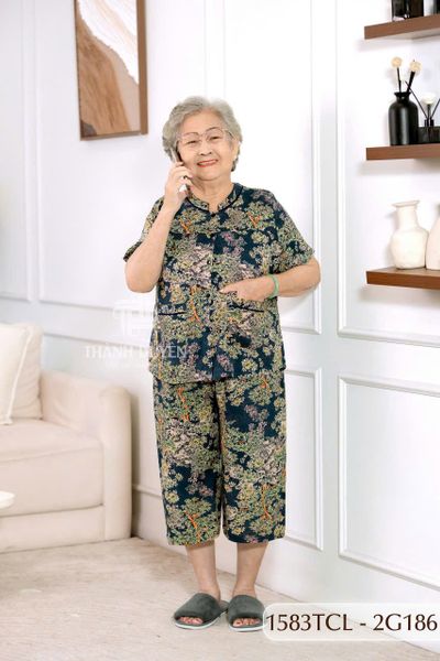 1583TCL(F) Đồ bộ Tole cho bà mặc nhà Thành Duyên, cổ tròn, tay ngắn, quần lửng, không rút, thoáng mát(06-23)