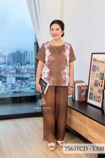 7563TCD- Đồ bộ Lụa nữ trung niên mặc nhà Thành Duyên tay con, quần dài