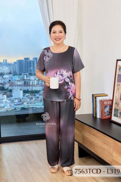 7563TCD- Đồ bộ Lụa nữ trung niên mặc nhà Thành Duyên tay con, quần dài