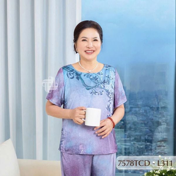 7563TCD- Đồ bộ Lụa nữ trung niên mặc nhà Thành Duyên tay con, quần dài