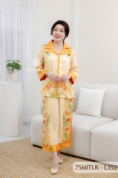 7560TLR- Đồ bộ Lụa nữ trung niên mặc nhà Thành Duyên tay lỡ cỏ xếp ly, quần dài
