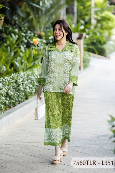 7560TLR- Đồ bộ Lụa nữ trung niên mặc nhà Thành Duyên tay lỡ cỏ xếp ly, quần dài