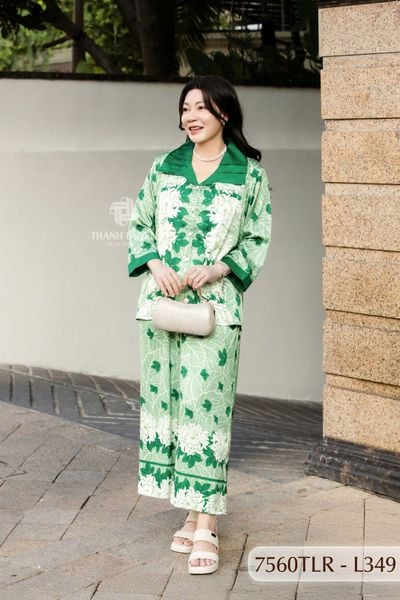 7560TLR- Đồ bộ Lụa nữ trung niên mặc nhà Thành Duyên tay lỡ cỏ xếp ly, quần dài