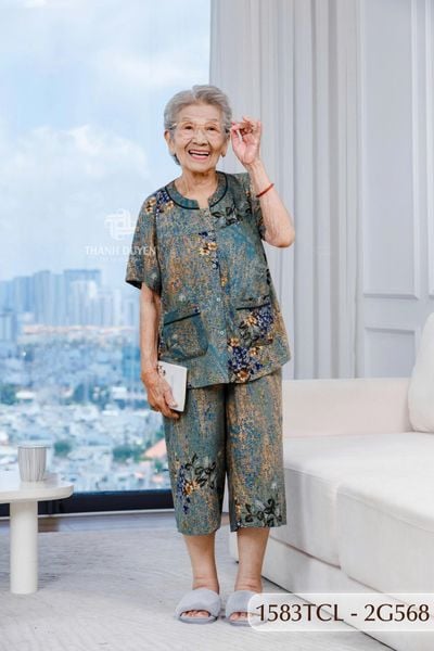 1583TCL(F) Đồ bộ Tole cho bà mặc nhà Thành Duyên, cổ tròn, tay ngắn, quần lửng, không rút, thoáng mát(06-23)