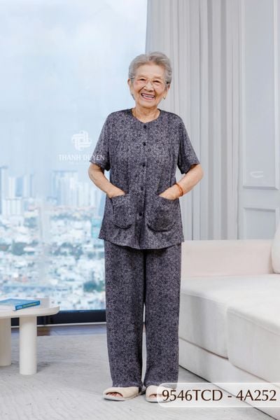 9546TCD(4A) Đồ bộ bông cho bà mặc nhà Thành Duyên chất liệu Thun cao cấp, cổ tròn, tay ngắn, quần dài (2025)