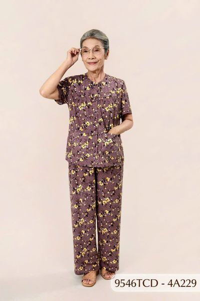 9546TCD(4A) Đồ bộ bông cho bà mặc nhà Thành Duyên chất liệu Thun cao cấp, cổ tròn, tay ngắn, quần dài (2025)