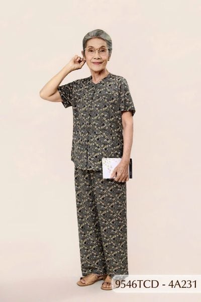 9546TCD(4A) Đồ bộ bông cho bà mặc nhà Thành Duyên chất liệu Thun cao cấp, cổ tròn, tay ngắn, quần dài (2025)