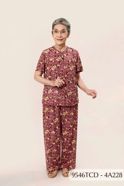 9546TCD(4A) Đồ bộ bông cho bà mặc nhà Thành Duyên chất liệu Thun cao cấp, cổ tròn, tay ngắn, quần dài (2025)