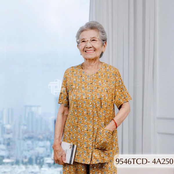 9546TCD(4A) Đồ bộ bông cho bà mặc nhà Thành Duyên chất liệu Thun cao cấp, cổ tròn, tay ngắn, quần dài (03-2024)