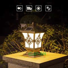 Đèn Trụ Cổng Năng Lượng Mặt Trời Mái Chóp Hoa Văn Màu Vàng Đồng