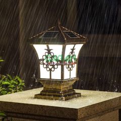 Đèn Trụ Cổng Năng Lượng Mặt Trời Mái Chóp Hoa Văn Màu Vàng Đồng