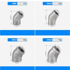 Co Lơi Ren Inox, Chếch Ren Inox, Co Khuỷu Tay Ren Inox 201/304/316 45 Độ