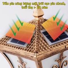 Đèn LED Trụ Cổng Năng Lượng Mặt Trời Liền Thể Mái Chóp Hoa Văn Nhọn Màu Vàng Đồng