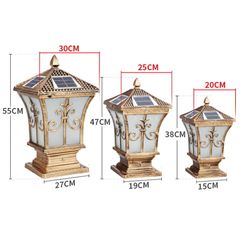 Đèn LED Trụ Cổng Năng Lượng Mặt Trời Liền Thể Mái Chóp Hoa Văn Nhọn Màu Vàng Đồng