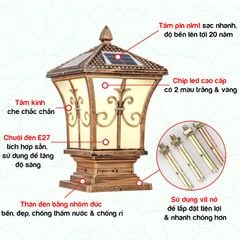Đèn LED Trụ Cổng Năng Lượng Mặt Trời Liền Thể Mái Chóp Hoa Văn Nhọn Màu Vàng Đồng