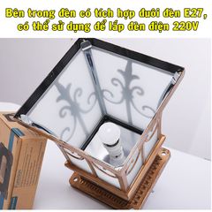 Đèn LED Trụ Cổng Năng Lượng Mặt Trời Liền Thể Mái Chóp Hoa Văn Nhọn Màu Vàng Đồng