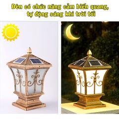 Đèn LED Trụ Cổng Năng Lượng Mặt Trời Liền Thể Mái Chóp Hoa Văn Nhọn Màu Vàng Đồng