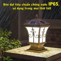 Đèn LED Trụ Cổng Năng Lượng Mặt Trời Liền Thể Mái Chóp Hoa Văn Nhọn Màu Vàng Đồng