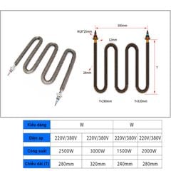 Điện Trở Đốt Nóng Công Nghiệp Inox Chữ U-M-W Có Cánh Tản Nhiệt Công Suất 500-3500W, Điện Áp 220V-380V