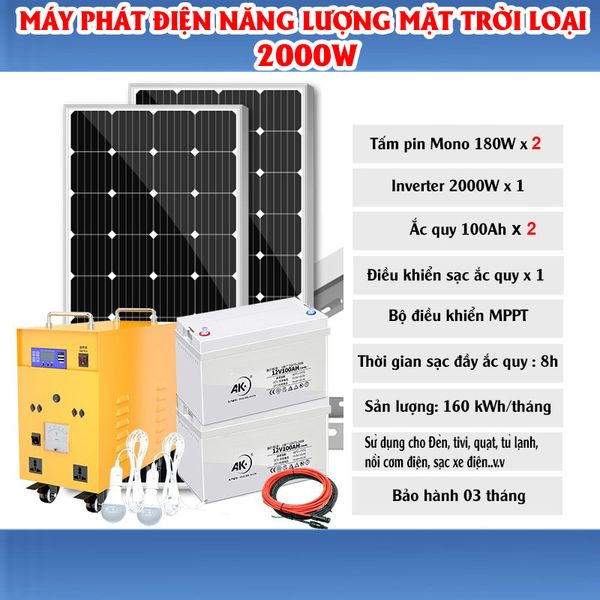 Máy Phát Điện Năng Lượng Mặt Trời 2000W (Điện 220V) - 2 Tấm pin nlmt 180W - 2 Ắc quy 100AH