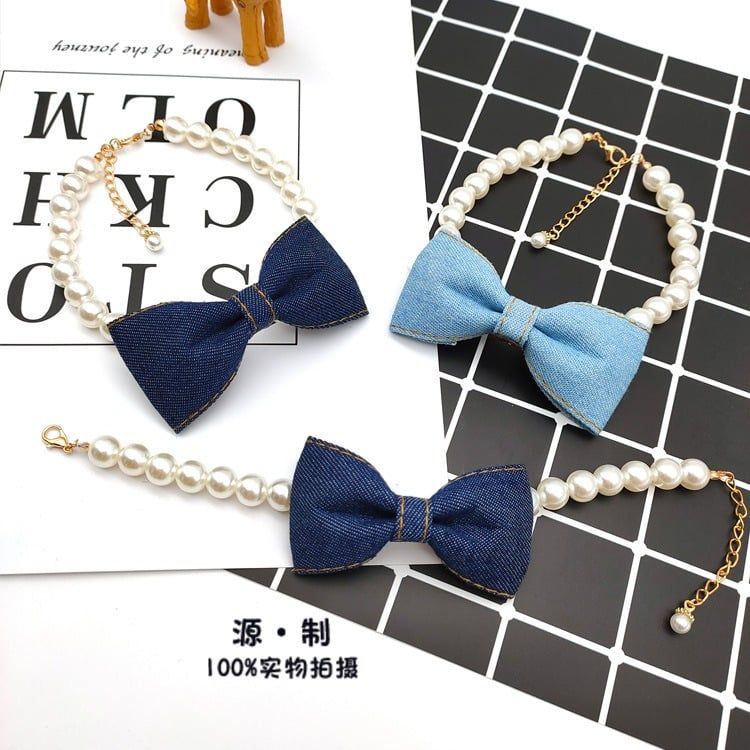  Vòng cổ ngọc trai nơ denim 