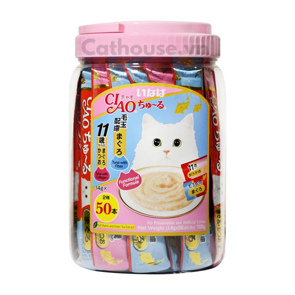  Hũ 50 thanh súp thưởng Ciao vị Cá ngừ với Collagen và chất xơ (14G x 50PCS) 