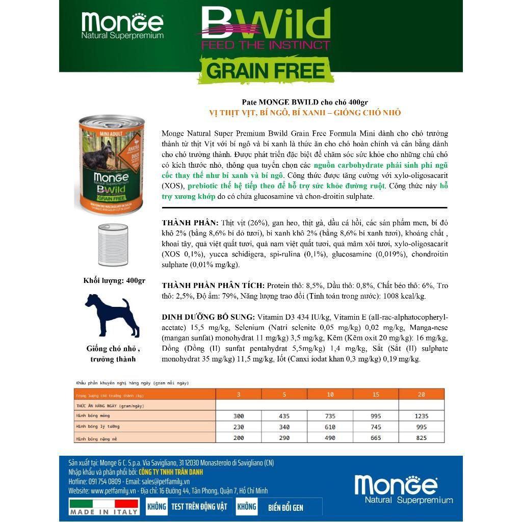  Pate Monge Grain Free Bwild Mini Adult cho giống chó nhỏ 400Gr 