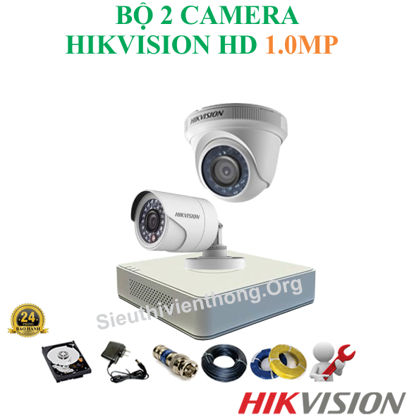 Trọn Bộ 2 Camera Hikvision 1.0MP Chính Hãng ( 1 trong nhà, 1 ngoài trời ) 