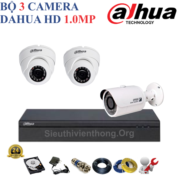  Trọn Bộ 3 Camera Dahua 1.0MP Chính Hãng ( 2 trong nhà, 1 ngoài trời ) 