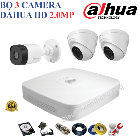  Trọn Bộ 3 Camera Dahua 2.0MP Chính Hãng ( 2 trong nhà, 1 ngoài trời ) 