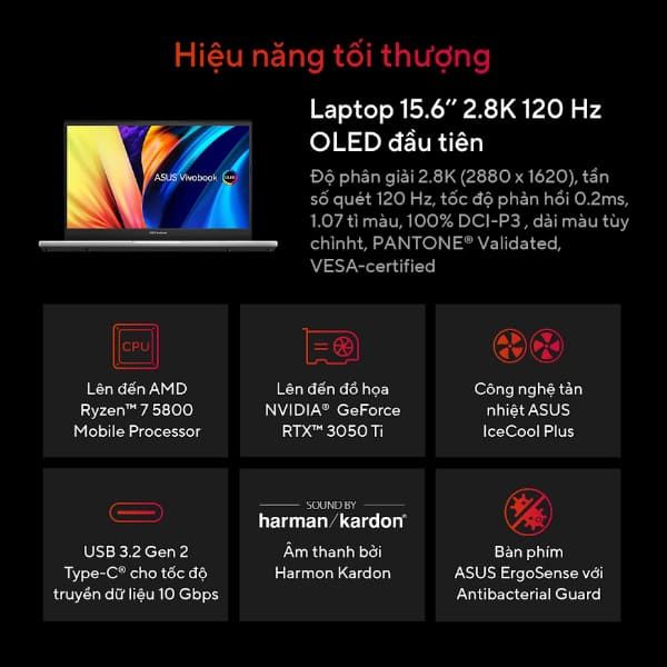 Laptop Asus Vivobook Pro M6500QC MA002W (Ryzen 5 5600H/ 16GB/ 512GB SSD/ Nvidia GeForce RTX 3050 4Gb GDDR6/ 15.6inch 2.8K/ Windows 11 Home/ Silver/ Vỏ nhôm)