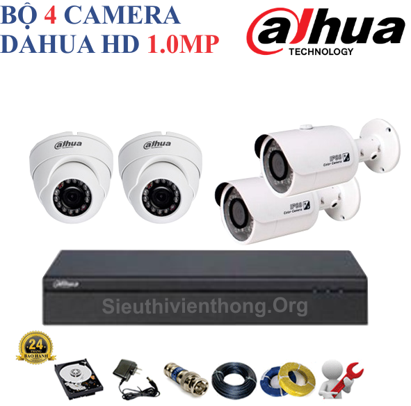 Trọn Bộ 4 Camera Dahua 1.0MP Chính Hãng ( 2 trong nhà, 2 ngoài trời )