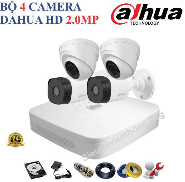  Trọn Bộ 4 Camera Dahua 2.0MP Chính Hãng ( 2 trong nhà, 2 ngoài trời ) 