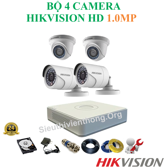 Trọn Bộ 4 Camera Hikvision 1.0MP Chính Hãng