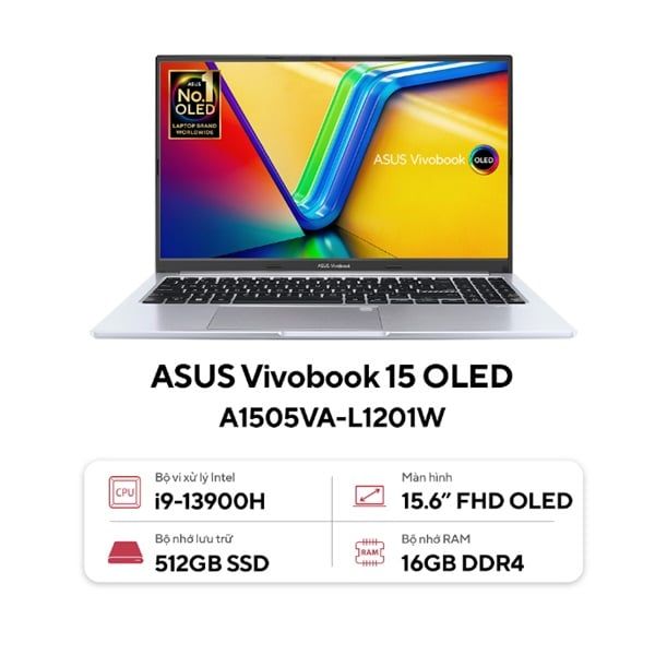 Laptop Asus Vivobook A1505VA L1201W (Core i9-13900H/ 16GB/ 512GB SSD/ Intel Iris Xe Graphics/ 15.6inch FHD OLED/ Windows 11 Home/ Silver)