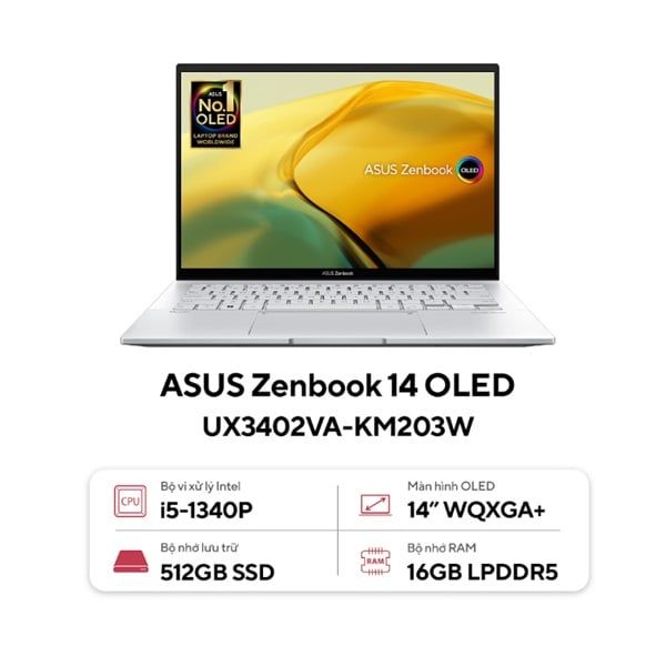Laptop Asus Zenbook UX3402VA KM203W (Core i5 1340P/ 16GB/ 512GB SSD/ Intel Iris Xe Graphics/ 14.0inch WUXGA+/ Windows 11 Home/ Silver/ Vỏ nhôm/ Túi Sleeve, USDB-A to RJ45)