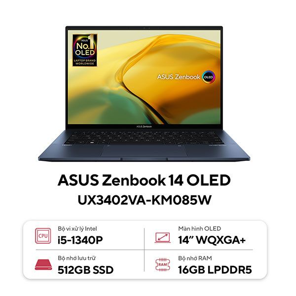 Laptop Asus Zenbook UX3402VA KM085W (Core i5 1340P/ 16GB/ 512GB SSD/ Intel Iris Xe Graphics/ 14.0inch WUXGA+/ Windows 11 Home/ Blue/ Vỏ nhôm/ Túi Sleeve, USDB-A to RJ45)