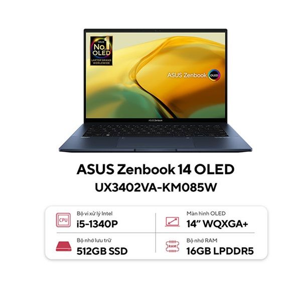 Laptop Asus Zenbook UX3402VA KM085W (Core i5 1340P/ 16GB/ 512GB SSD/ Intel Iris Xe Graphics/ 14.0inch WUXGA+/ Windows 11 Home/ Blue/ Vỏ nhôm/ Túi Sleeve, USDB-A to RJ45)