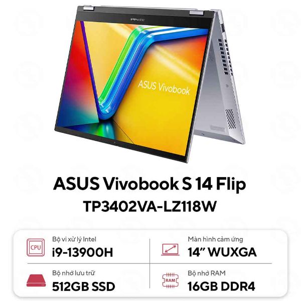 Laptop Asus Vivobook Flip TP3402VA LZ118W (Core i9-13900H/ 16GB/ 512GB SSD/ Intel Iris Xe Graphics/ 14.0inch WUXGA/ Windows 11 Home/ Silver/ Vỏ nhôm)