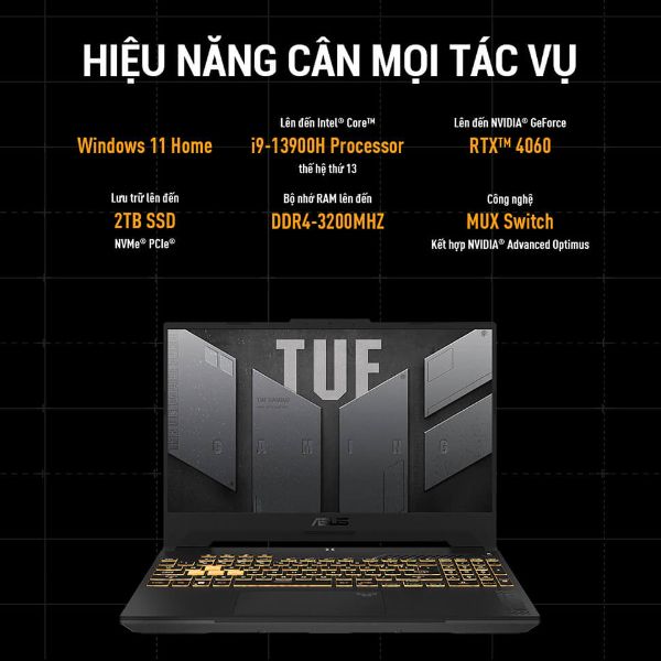 Laptop Asus TUF Gaming 15 FX507VV4 LP382W (Core i9-13900H/ 16GB/ 512GB SSD/ Nvidia GeForce RTX 4060 8GB GDDR6/ 15.6inch Full HD/ Windows 11 Home/ Grey)